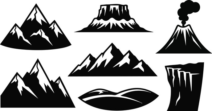 Flat design mountain icon set multiple peak silhouettes volcanic plateau cliff rolling hills simple bold vector art black and white minimal landscape symbols snow cap detail