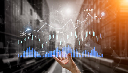 A hand displays a digital financial chart reflecting stock market indicators and growth trends. The background suggests an urban setting, emphasizing finance and innovation. Scalp