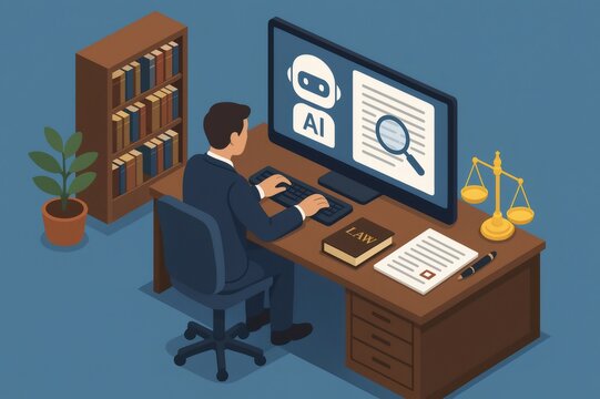 Lawyer sitting at desk, utilizing artificial intelligence technology for legal document research and data analysis on computer monitor