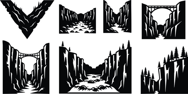Woodcut style dramatic canyon river view with tall pine topped cliffs and arched bridge seen from low angle with strong contrast bold silhouette composition