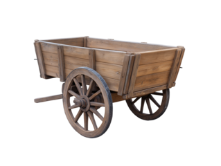 Rustic old wooden cart with two wheels, isolated on white, png