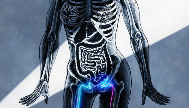 Anatomical illustration of the female skeletal and digestive systems with highlighted hip joints, emphasizing health and well-being