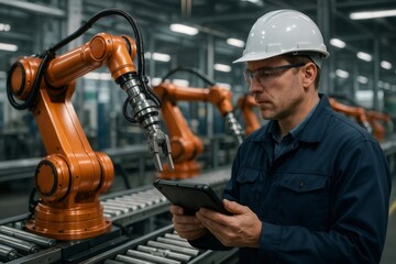 Engineer working in factory checking automated manufacturing production line with industrial robot arm on conveyor roller
