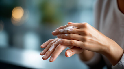 Faceless person applying lotion to hand skincare concept stock photo moisturizing nourishing treatment hand care routine hydration therapy beauty regimen defocused background