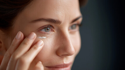 Closeup depicting faceless female hand applying eye cream anti aging skincare stock photo under eye treatment cosmetic application wrinkle care beauty routine defocused