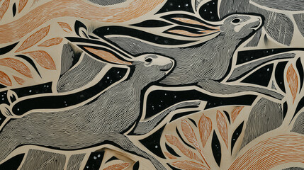 Running hares with wood engraving textures