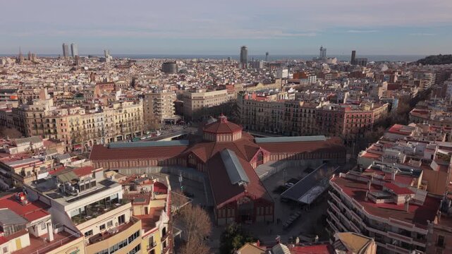 flying towards Sant Antoni Market in Barcelona Spain