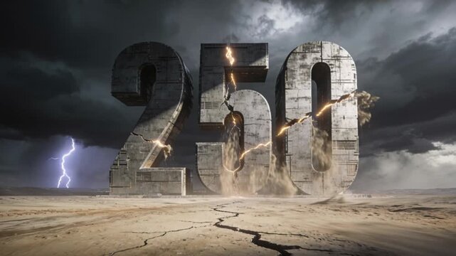 Massive futuristic &ldquo;250&rdquo; monument towering over a cracked, windswept plain. Deep fractures run through the structure, glowing faintly from within as if its energy is fading.