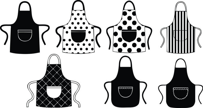 Flat design set of eight kitchen aprons with pockets polka dot stripe quilted scalloped edges front view isolated on white background minimal black and white vector
