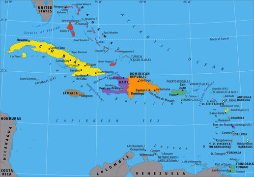 Vector political world map. Fragment of geographical atlas of central america with cuba, haiti, florida, usa, bahamas, jamaica, dominican republic, cayman islands, venezuela, colombia, caribbean sea. 