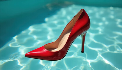 High heeled red shoe floating in water creating contrast. Stylish elegant pump rests on water surface. Modern footwear fashion design. Minimalist luxury photography composition.