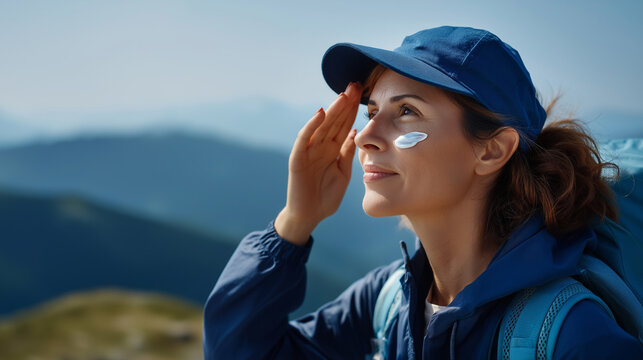 Faceless hiker sporty person applying sun cream to protect skin dangerous UV sun rays stock photo high mountains travel healthcare concept outdoor safety defocused background