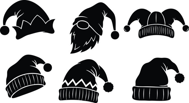 Flat design black silhouette close up knitted santa elf beanie hat set six variations side angle top view isolated holiday winter accessory collection cozy minimal