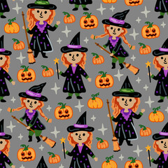 Seamless vector pattern for Halloween. Kids characters. Horror, pumpkins, children in costumes. A witch on a broom and pumpkin heads