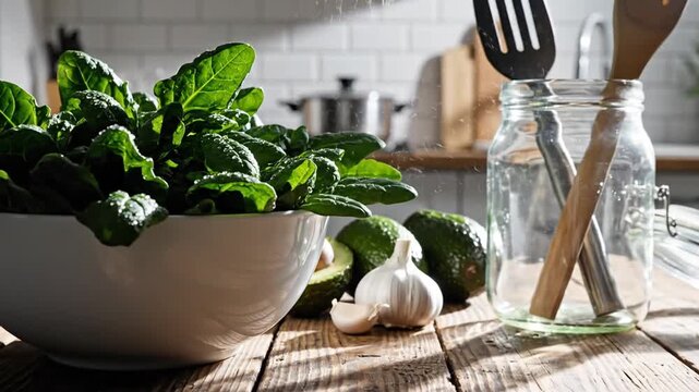 Fresh Greens And Kitchenware On A Rustic Wooden Table Illuminated By Sunlight Streams
