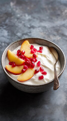 Greek yogurt with pomegranate seeds and peaches