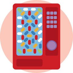 A candy-dispensing machine with a clear front display showing various sweets inside.