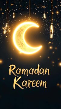 Golden and black poster with the word Ramadan Karim, written in gold letters. Muslim postcard. Islam.