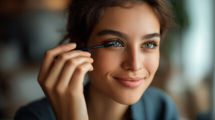 Faceless young woman applying makeup cosmetic application stock photo beauty routine facial enhancement personal grooming makeup artistry defocused background with copy