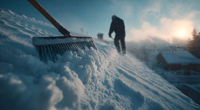Snow removal with a roof rake clearing fresh snow from the rooftop. Snow accumulating on roof demonstrates winter weather conditions and snow maintenance.
