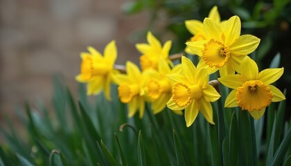 Obraz premium Bright yellow daffodils bloom in green garden foliage. Delicate flowers show morning dew drops glistening. Springtime rebirth symbol, fresh natural beauty, outdoor.