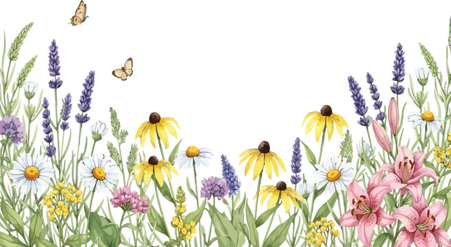 A beautiful watercolor illustration of a vibrant wildflower border with butterflies on a solid black background