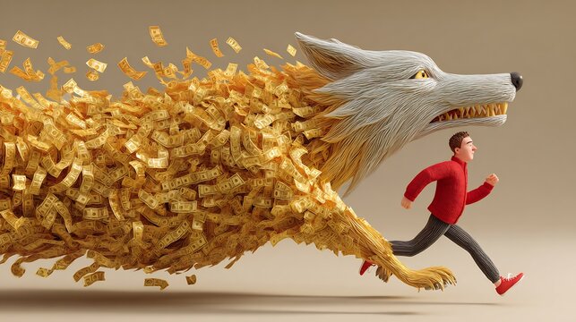 Intrinsic motivation vs extrinsic person running race but they being chased a terrifying giant wolf made of gold coins and money bills the pressure of external rewards social commentary dynamic action