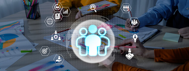 Glowing human figures surrounded by business icons representing HR data analysis, employee management, and recruitment analytics Parse