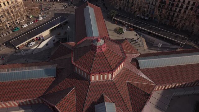 aerial pullback shot of Sant Antoni Market in Barcelona Spain