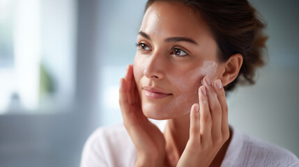 Faceless young woman applying facial gel peeling or mask on face skincare treatment stock photo beauty routine cosmetic therapy facial care defocused background with copy spa