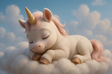 Adorable pastel unicorn with pink mane and golden horn resting on a soft cumulus cloud under a gentle blue sky