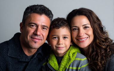 the photo of a a mexican modern middle class real family, the parents and a son, on white background