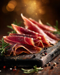  Spanish prosciutto sliced on a dark wooden board, rustic gourmet style