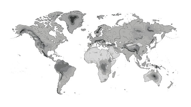 Topographic world map illustration displaying different elevations with various shades of gray, perfect for geographical studies and global analysis.