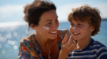 Faceless mother applying sunscreen to smiling son on beach family sun protection stock photo ocean sky background view child care SPF application parental safety defocused