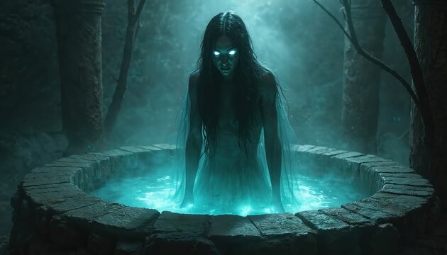 Ghost emerges from well with glowing eyes. Woman looks scary, mysterious. Supernatural apparition concept in ancient stone interior at night. Perfect for Halloween, horror, mystery story dark fantasy.