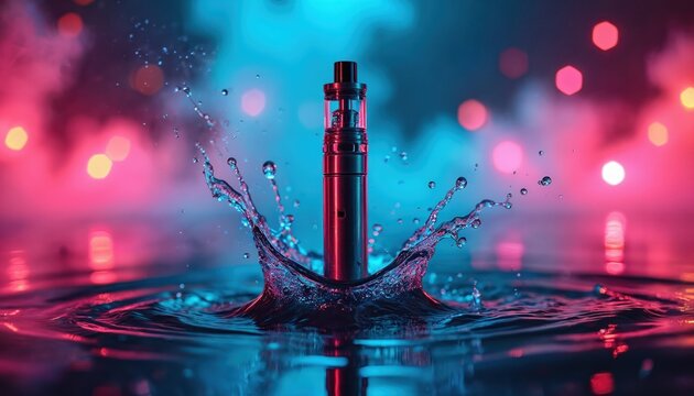 Vape device stands in water surrounded by splashes. Vapouriser under neon blue pink light with bokeh. E-cigarette with nicotine liquid for vaping or electronic smoking as modern hobby.
