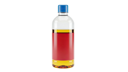 Glass bottle with yellow liquid and red label