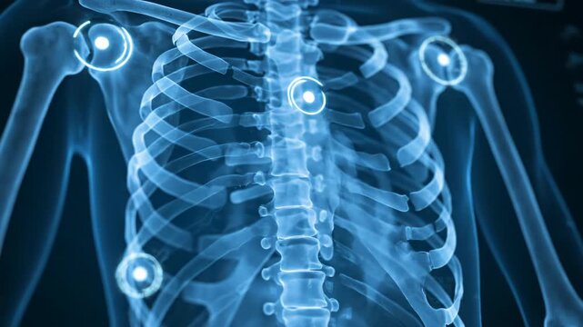 An animated x-ray of a human torso highlights key skeletal structures. Glowing markers indicate points of interest on the bones.