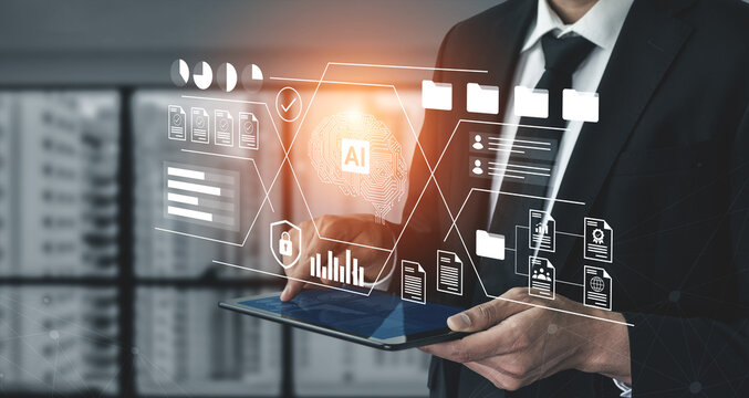 Professional businessman interacts with tablet featuring AI technology graphics in a modern office, showcasing data analysis and innovative digital solutions. Gantry - Powered by Adobe