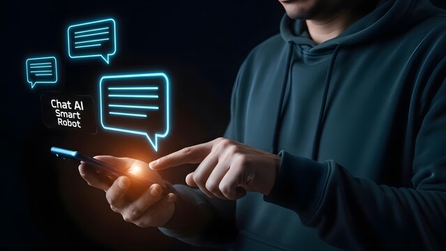 Person uses a smartphone to interact with a glowing chat bubble interface representing ai communication.