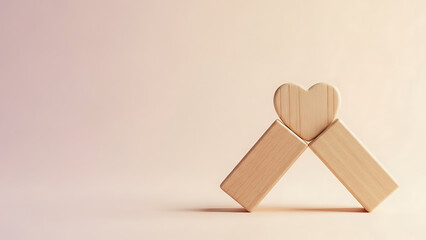 Wooden heart shape resting on geometric blocks symbolizing house, home, and foundation with vast negative space for text.