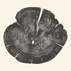 Handcrafted Wood Grain Tree Trunk Slice Illustration with Natural Cracks. Textured Woodcut Print for Rustic Design. © Retro Archive id