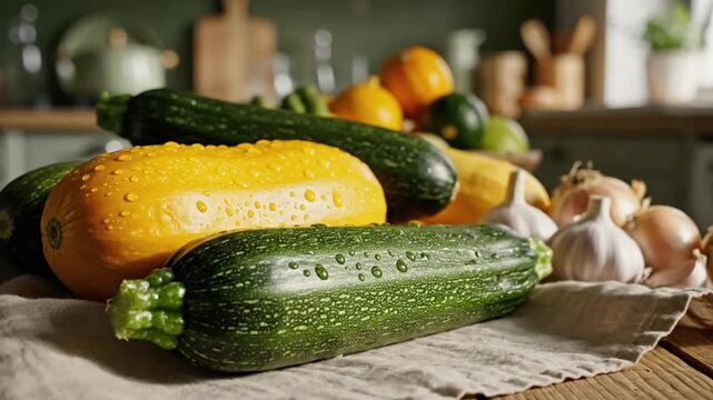 Fresh Harvest Still Life Captures Zucchini Squash And Natural Kitchen Ingredients Close Up