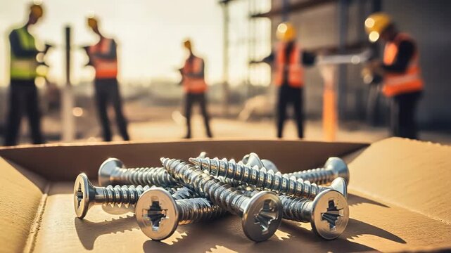 Close-up of silver screws in a cardboard box on a construction site. Industrial hardware with blurred workers building in the background. Building and development concept