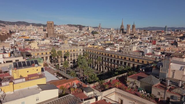 flying towards Plaza Real in Barcelona Spain