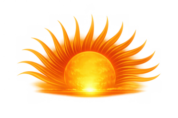 Rising sun radiating warm glow, representing energy, heat, summer, and light with fiery orange rays