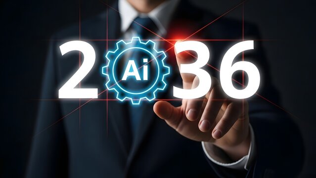 Businessman interacts with futuristic ai technology displaying the year 2036 on a digital interface