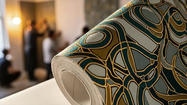 A close-up of a wallpaper roll with an abstract pattern during a home renovation. A team of workers applies new wallpaper in the blurred background. Interior design and home improvement concept