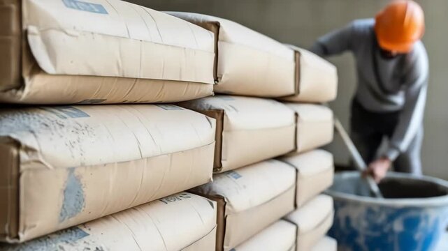 A stack of cement bags at a construction site. A worker in a hard hat mixes concrete in the background. Building materials and manual labor concept